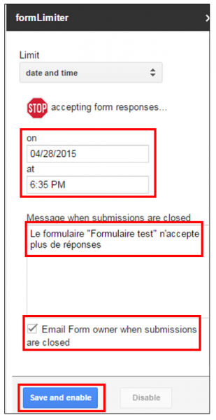 choisir une date et heure de fin