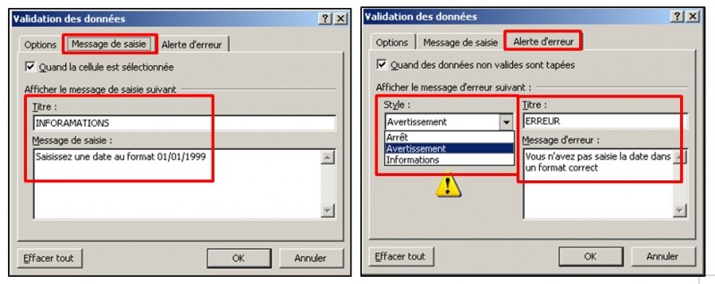Excel 2010 - Validation de donnees - creer des messages de saisie ou d erreur