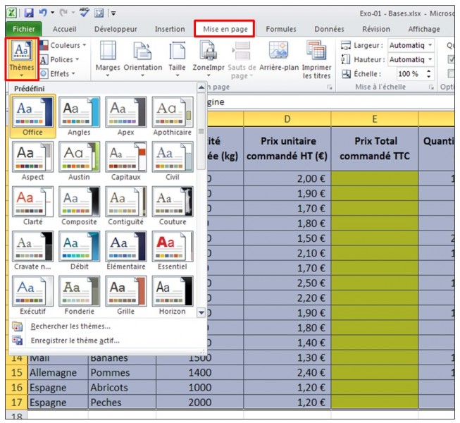 Excel 2010 - Les bases - theme automatique