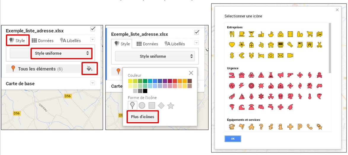 creer une carte google map a partir d une liste adresse - creer un style uniforme pour les reperes