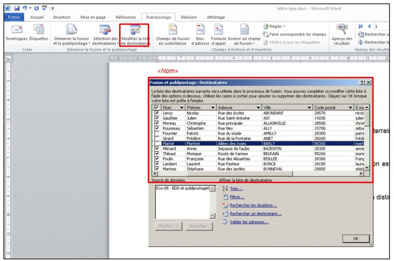 Publipostage avec Word et Excel 2010 - modifier la liste des destinataires