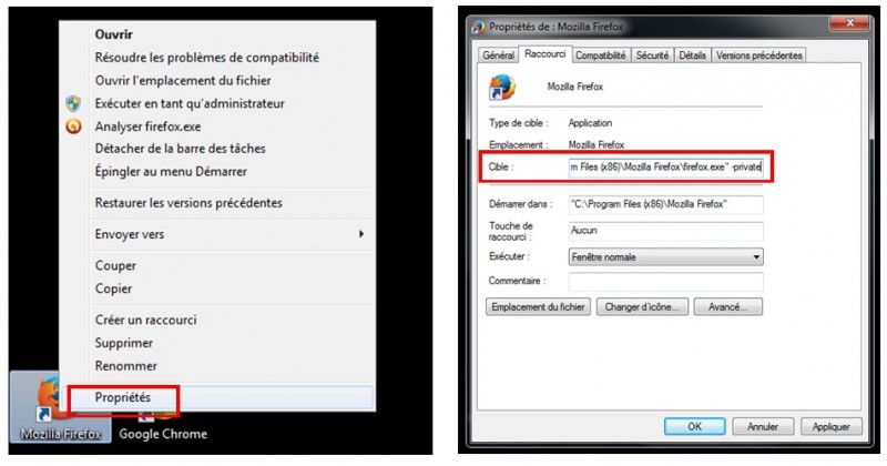 utiliser la navigation privee - Firefox avec un lien hypertexte