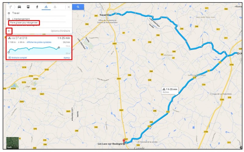 creer un trajet a velo avec Google Map - ajouter des etapes a un itineraire velo