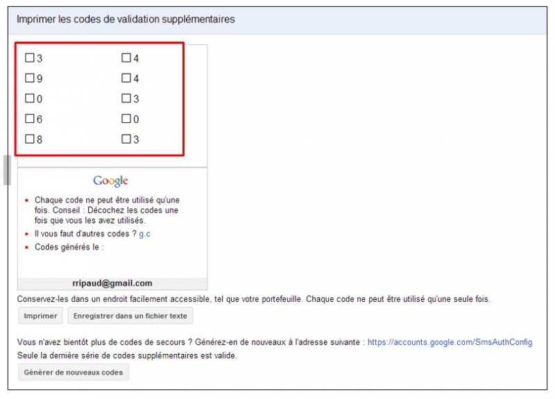 securiser son compte Google avec la validation en 2 etapes - imprimer des codes supplementaires