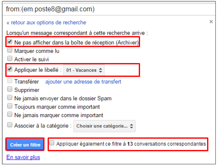 Tutoriel Gmail - gestion des messages - fonctions du filtre
