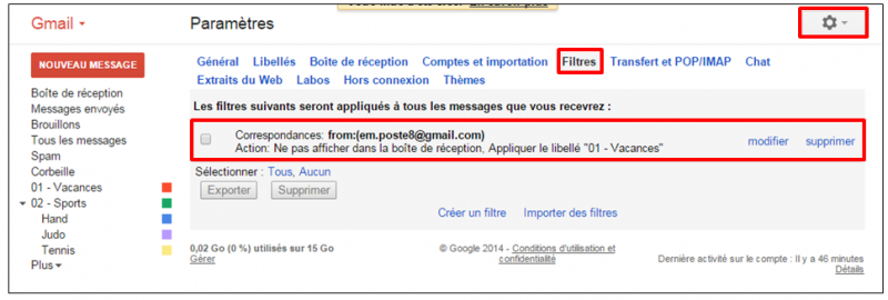 Tutoriel Gmail - gestion des messages - liste des filtres