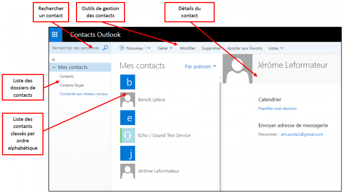 Interface de l'application contacts