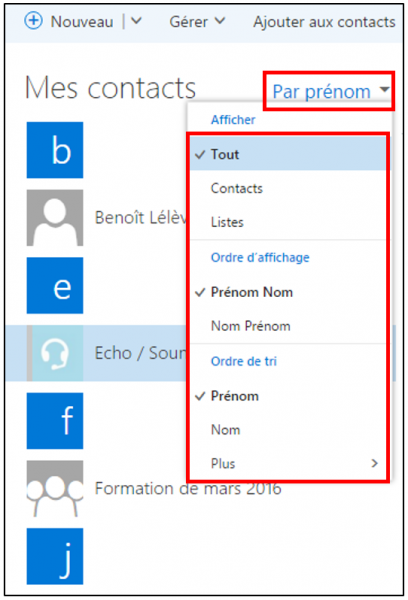 Modifier l'affichage des contacts