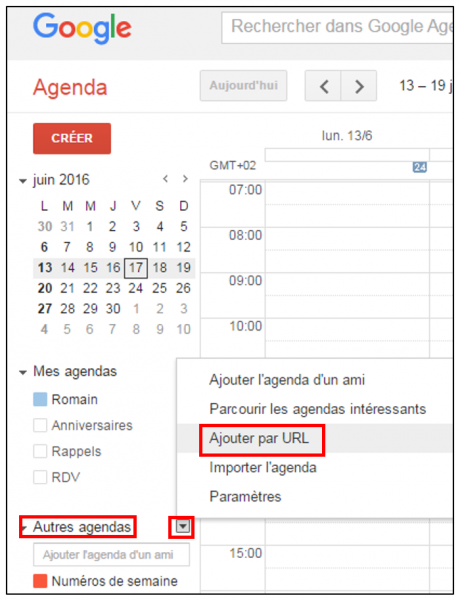 Ajouter le lien ical dans l'agenda Gmail