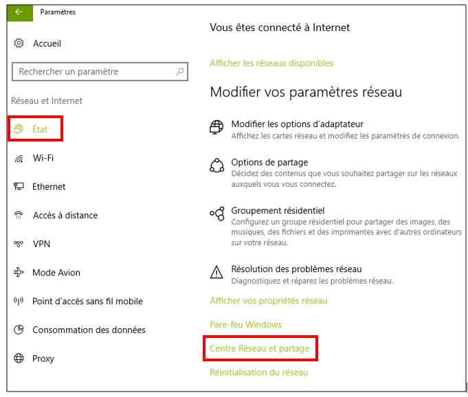 Accéder au centre réseau et partage