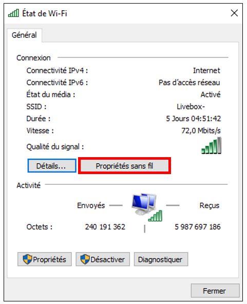 Accéder aux propriétés avancée d'une connexion sans fil