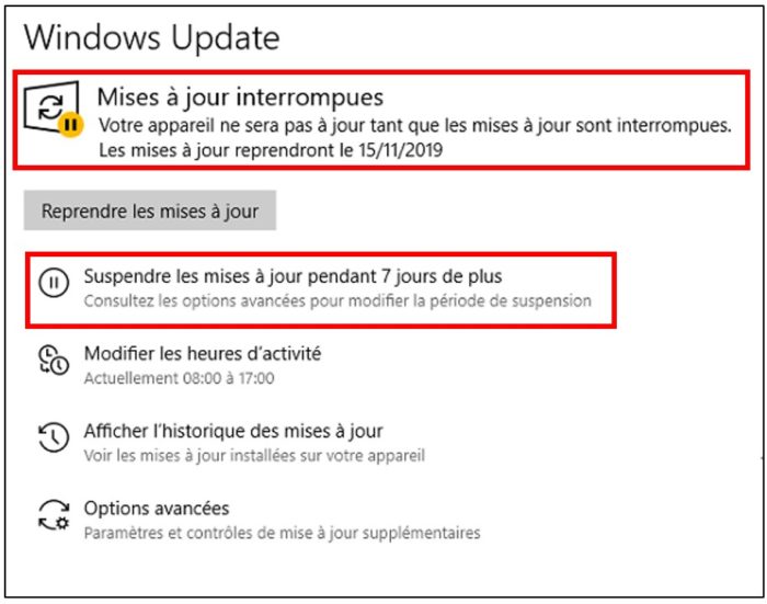 Suspendre les mises à jour pendant 7 jours